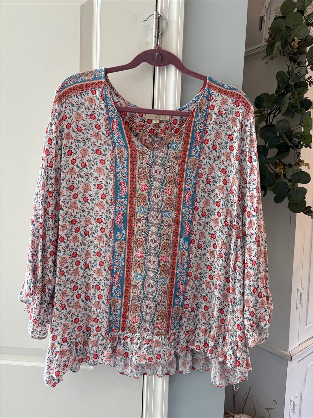Boho Floral Peasant Blouse in White with Red and Blue Accents